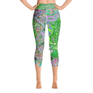 Capri Yoga Leggings for Women, Trippy Lime Green and Pink Abstract Retro Swirl