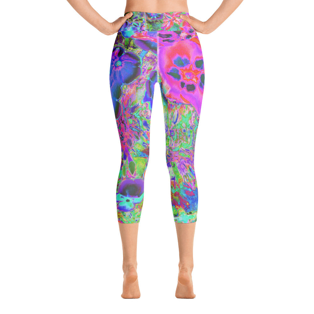 Capri Yoga Leggings for Women, Trippy Psychedelic Hot Pink and Purple Flowers