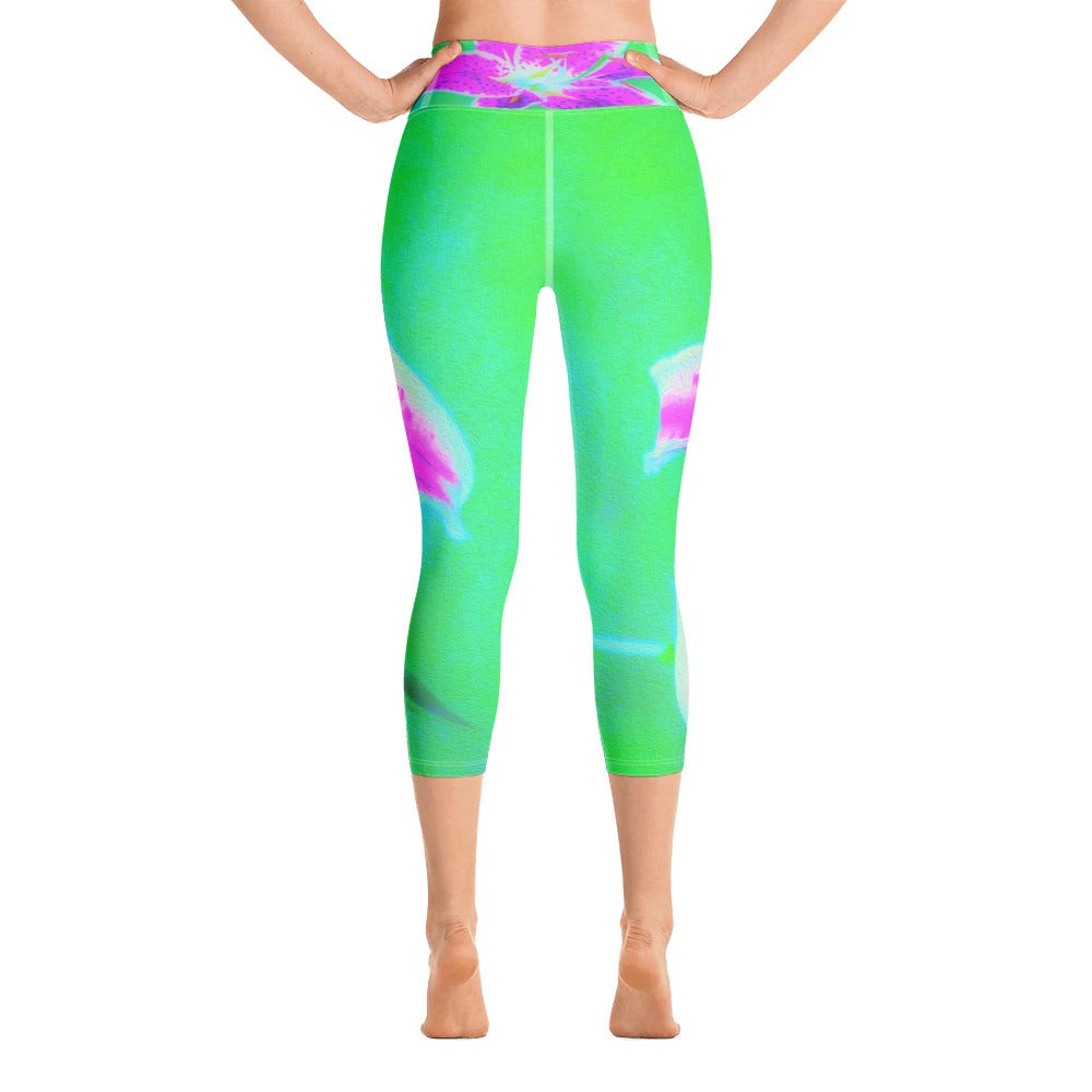 Capri Yoga Leggings for Women, Hot Pink Stargazer Lily on Turquoise and Green