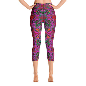Capri Yoga Leggings for Women, Cool Trippy Magenta, Red and Green Wavy Pattern