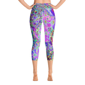 Capri Yoga Leggings for Women, Trippy Abstract Pink and Purple Flowers