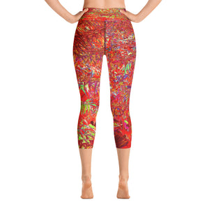 Capri Yoga Leggings, Abstract Psychedelic Red Foliage Garden