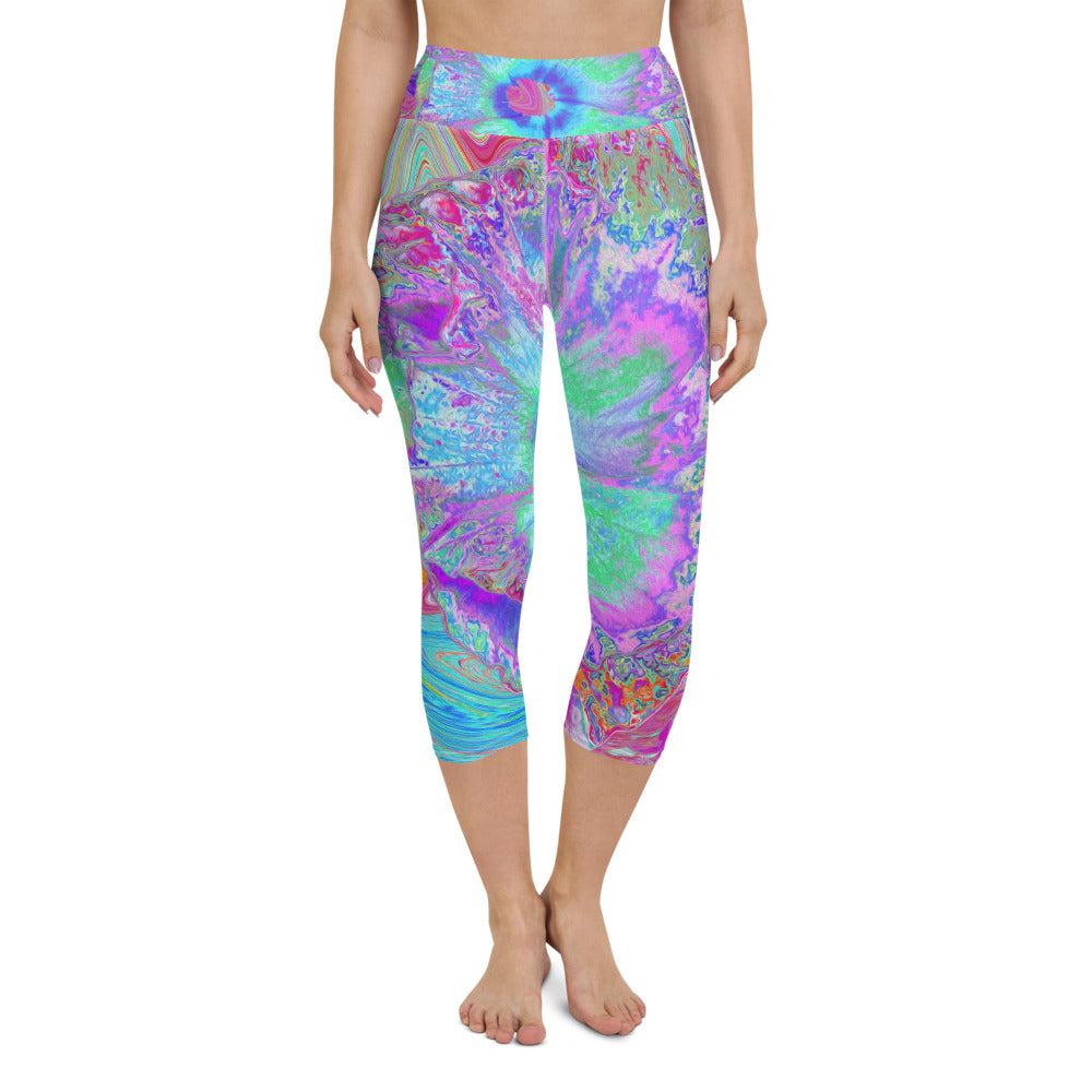 Capri Yoga Leggings, Psychedelic Retro Rainbow Blue Hibiscus