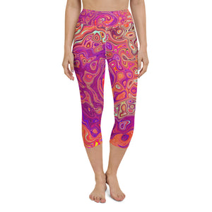 Capri Yoga Leggings, Retro Abstract Coral and Purple Marble Swirl