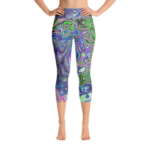 Capri Yoga Leggings for Women, Marbled Lime Green and Purple Abstract Retro Swirl
