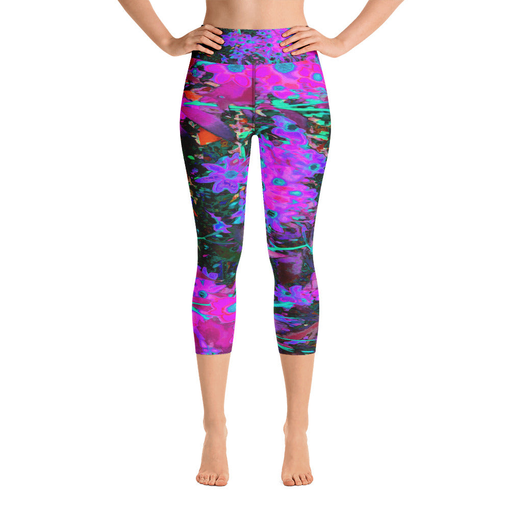 Capri Yoga Leggings for Women, Pretty Hot Pink, Magenta and Aqua Blue Flowers