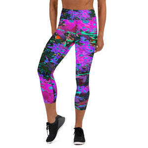 Capri Yoga Leggings for Women, Pretty Hot Pink, Magenta and Aqua Blue Flowers