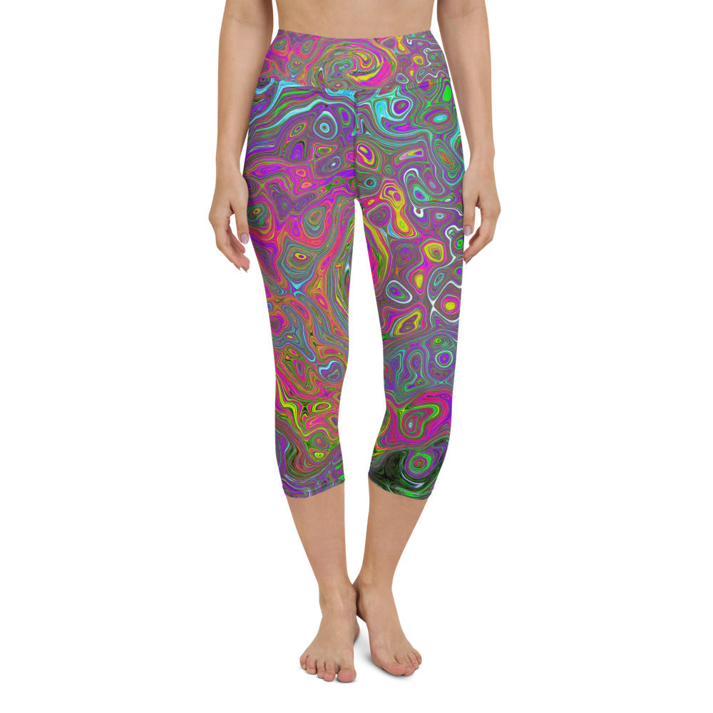 Colorful Capri Yoga Leggings, Trippy Hot Pink Abstract Retro Liquid Swirl