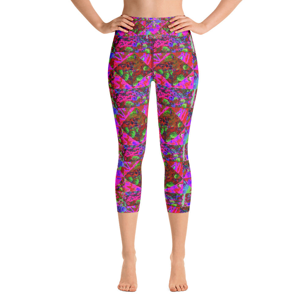 Colorful Capri Yoga Leggings, Trippy Garden Quilt Painting with Lime Green Hydrangea