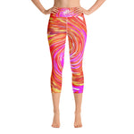 Capri Yoga Leggings for Women, Abstract Retro Magenta and Autumn Colors Floral Swirl