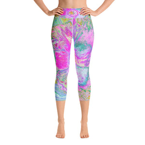 Capri Yoga Leggings for Women, Psychedelic Hot Pink and Ultra-Violet Hibiscus