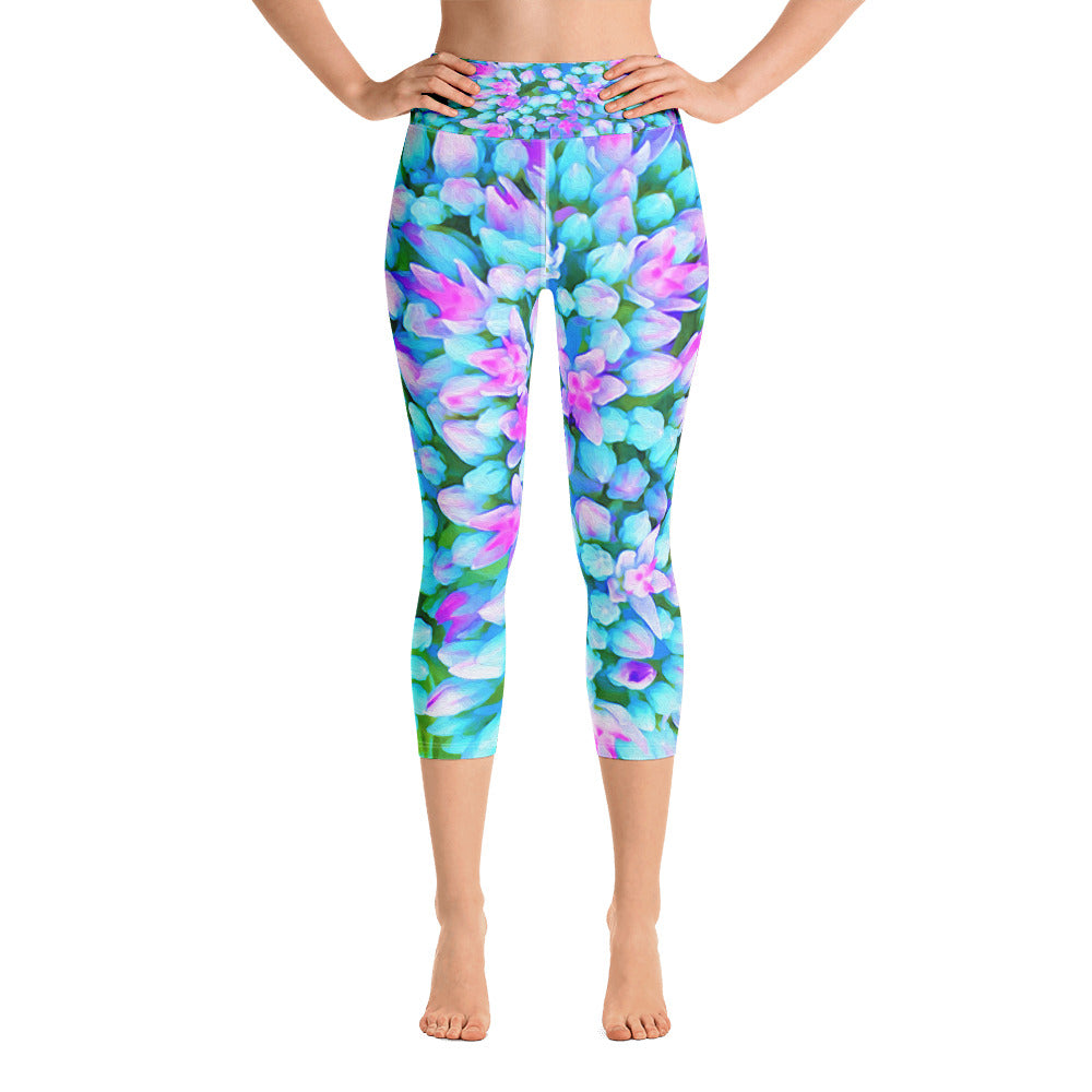 Capri Yoga Leggings for Women, Blue and Hot Pink Succulent Sedum Flowers Detail