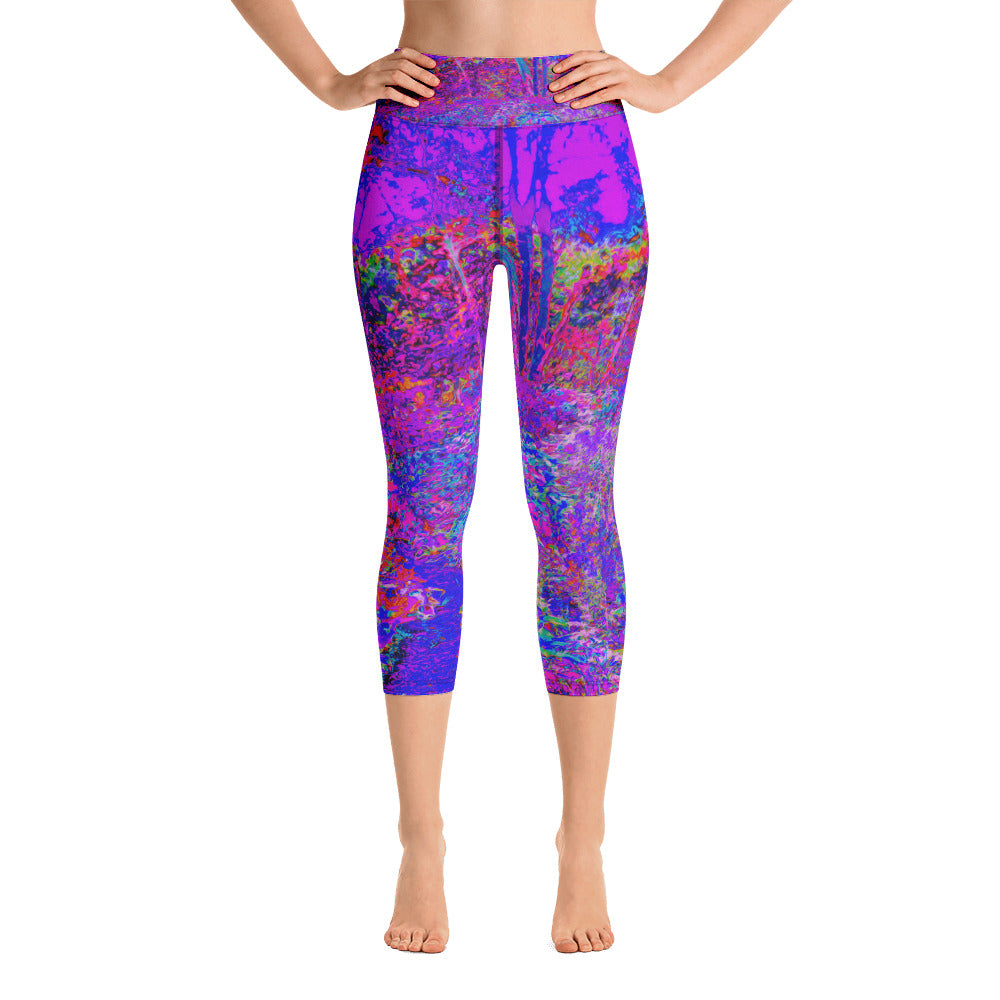 Capri Yoga Leggings for Women, Psychedelic Impressionistic Purple Garden Landscape