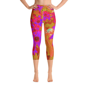 Capri Yoga Leggings for Women, Colorful Ultra-Violet, Magenta and Red Wildflowers