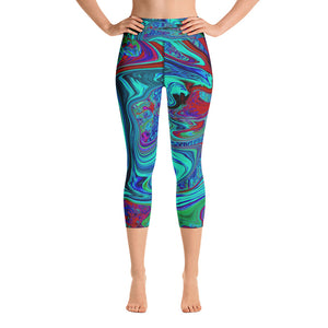 Capri Yoga Leggings for Women, Groovy Abstract Retro Art in Blue and Red