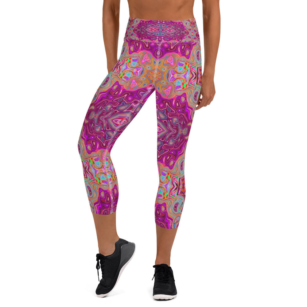 Capri Yoga Leggings, Abstract Magenta, Pink, Blue and Red Groovy Pattern