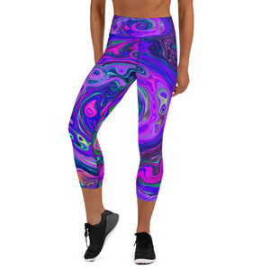 Capri Yoga Leggings for Women, Groovy Abstract Retro Magenta and Purple Swirl