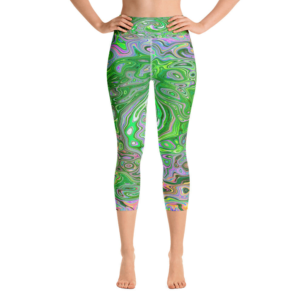 Capri Yoga Leggings for Women, Trippy Lime Green and Pink Abstract Retro Swirl