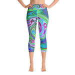 Capri Yoga Leggings for Women, Retro Green, Red and Magenta Abstract Groovy Swirl
