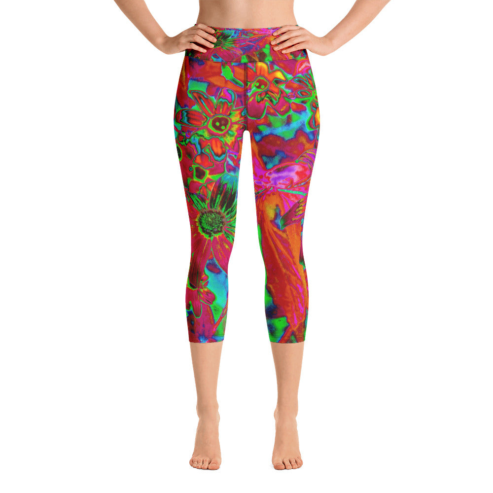 Capri Yoga Leggings for Women, Psychedelic Groovy Red and Green Wildflowers