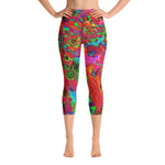 Capri Yoga Leggings for Women, Psychedelic Groovy Red and Green Wildflowers