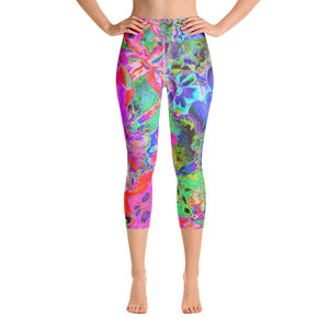 Capri Yoga Leggings for Women, Trippy Psychedelic Hot Pink and Purple Flowers