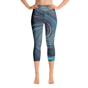 Capri Yoga Leggings for Women, Cool Abstract Retro Black and Teal Cosmic Swirl