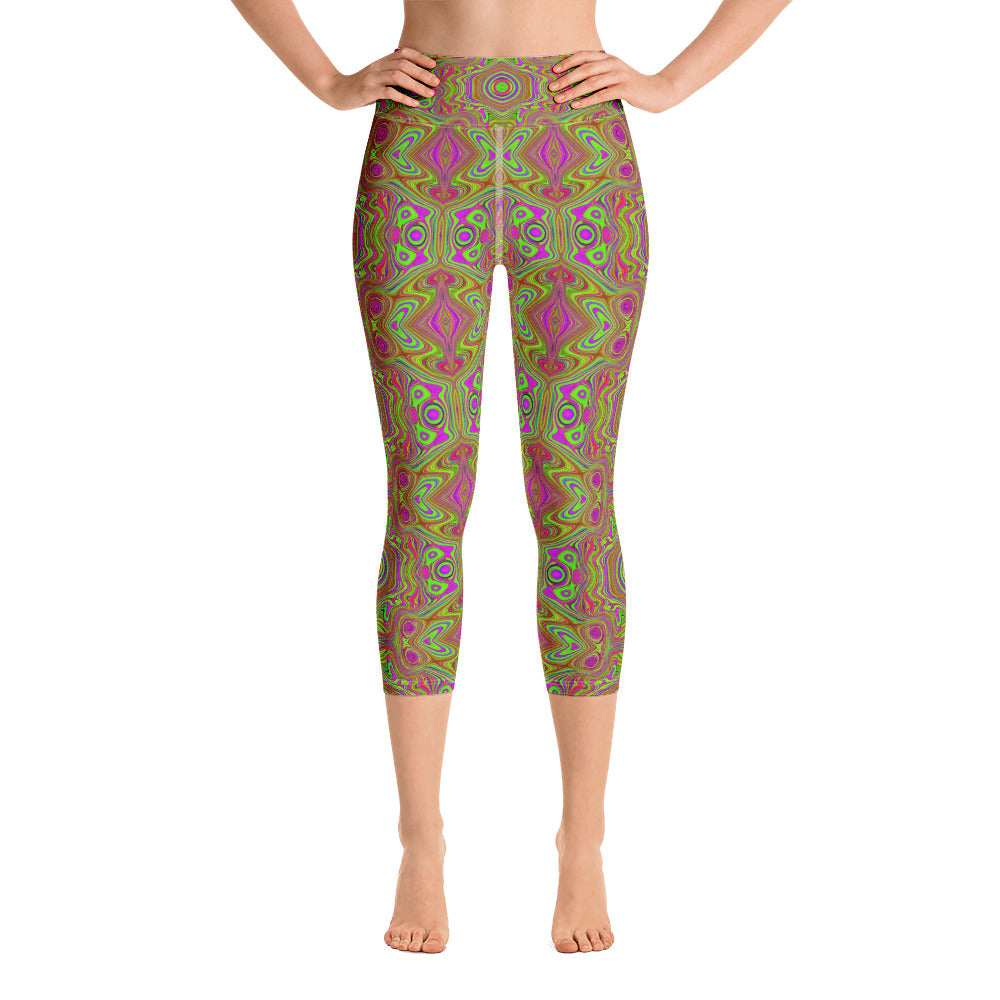 Capri Yoga Leggings - Trippy Retro Chartreuse Magenta Abstract Pattern