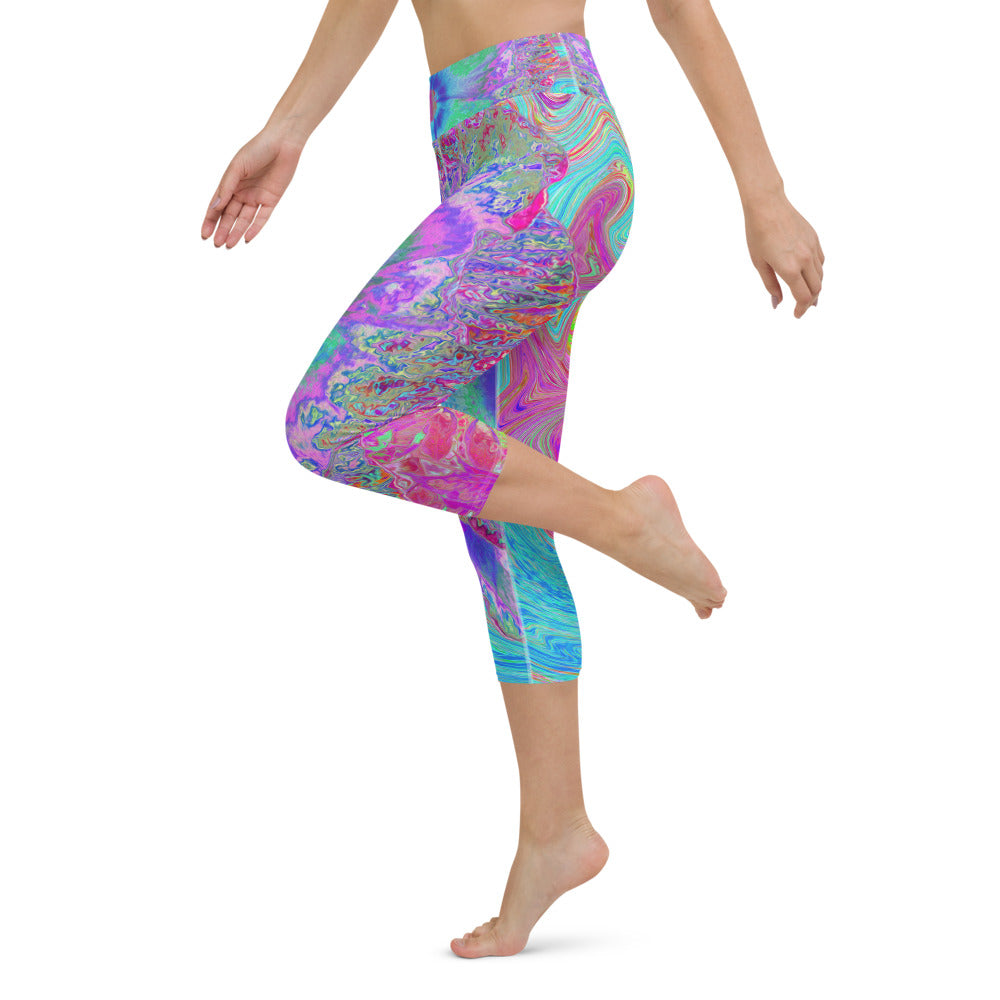 Capri Yoga Leggings, Psychedelic Retro Rainbow Blue Hibiscus