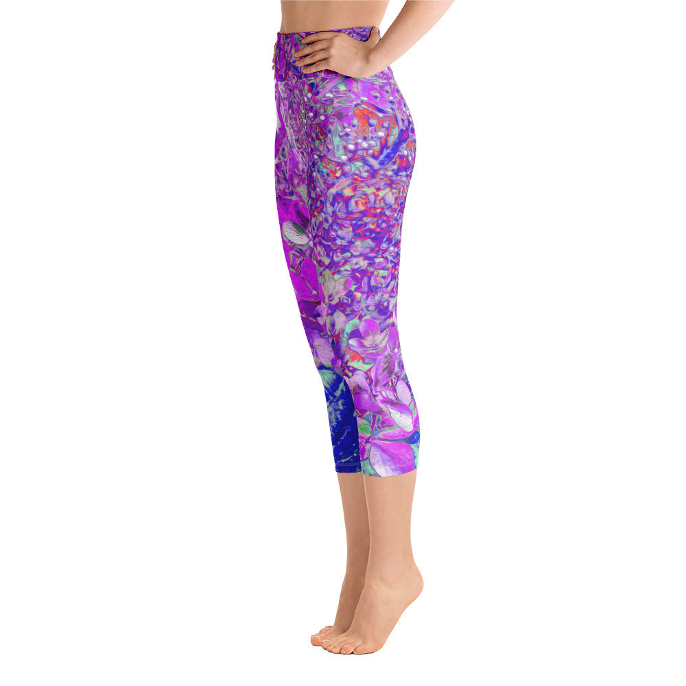 Capri Yoga Leggings, Elegant Purple and Blue Limelight Hydrangea