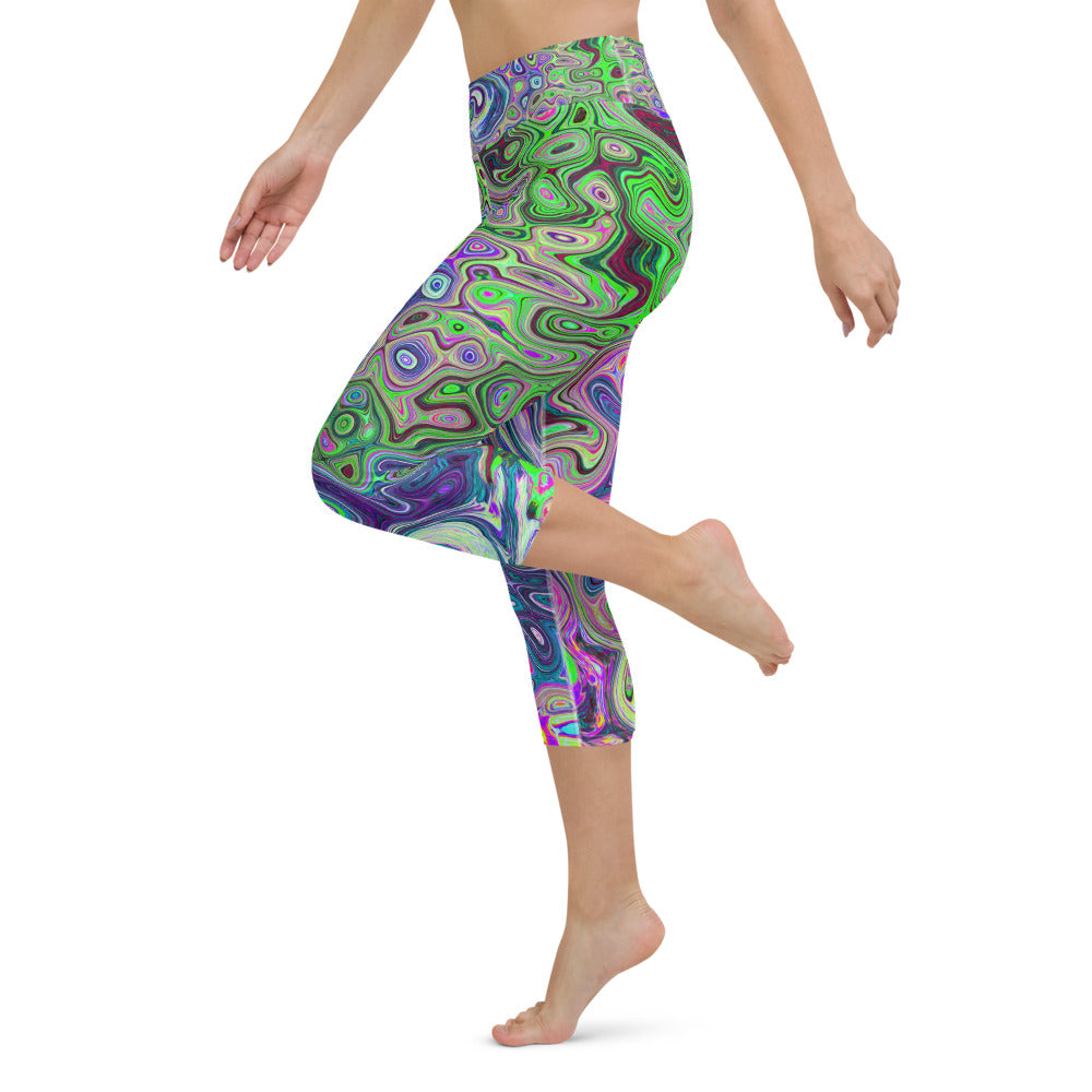 Capri Yoga Leggings for Women, Marbled Lime Green and Purple Abstract Retro Swirl