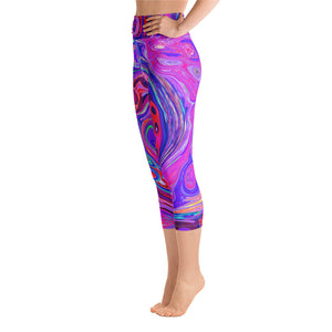 Capri Yoga Leggings for Women, Retro Purple and Orange Abstract Groovy Swirl