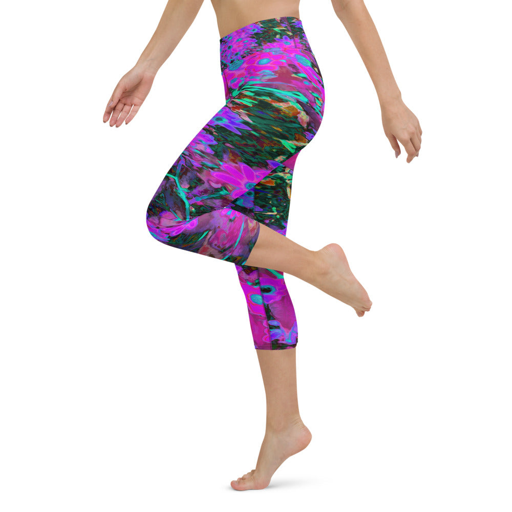 Capri Yoga Leggings for Women, Pretty Hot Pink, Magenta and Aqua Blue Flowers