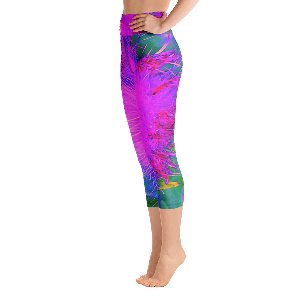 Capri Yoga Leggings, Psychedelic Nature Ultra-Violet Purple Milkweed