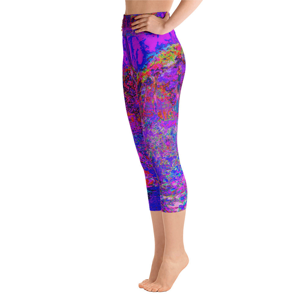 Capri Yoga Leggings for Women, Psychedelic Impressionistic Purple Garden Landscape