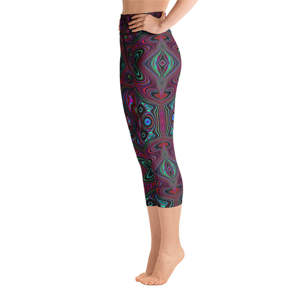 Capri Yoga Leggings, Trippy Seafoam Green and Magenta Abstract Pattern