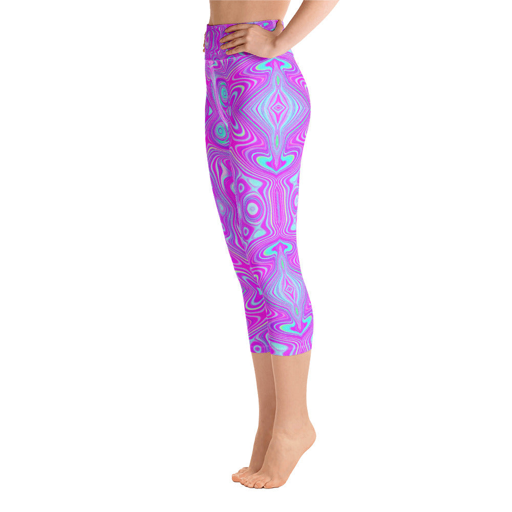 Capri Yoga Leggings for Women, Trippy Hot Pink and Aqua Blue Abstract Pattern