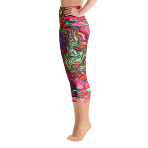 Capri Yoga Leggings for Women, Watercolor Red Groovy Abstract Retro Liquid Swirl