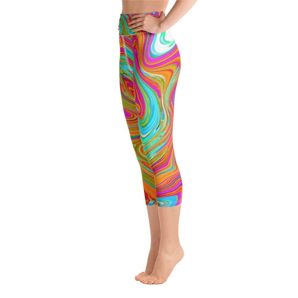 Capri Yoga Leggings for Women, Blue, Orange and Hot Pink Groovy Abstract Retro Art