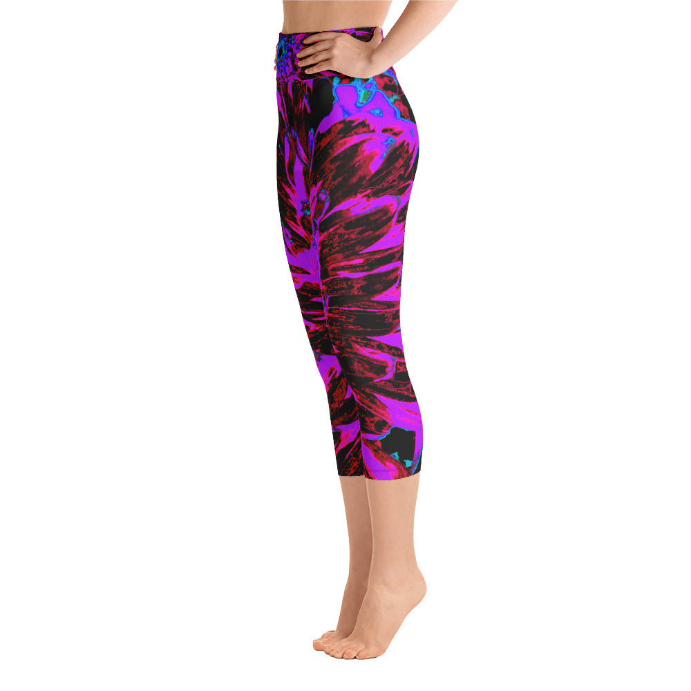Capri Yoga Leggings for Women, Dramatic Crimson Red, Purple and Black Dahlia