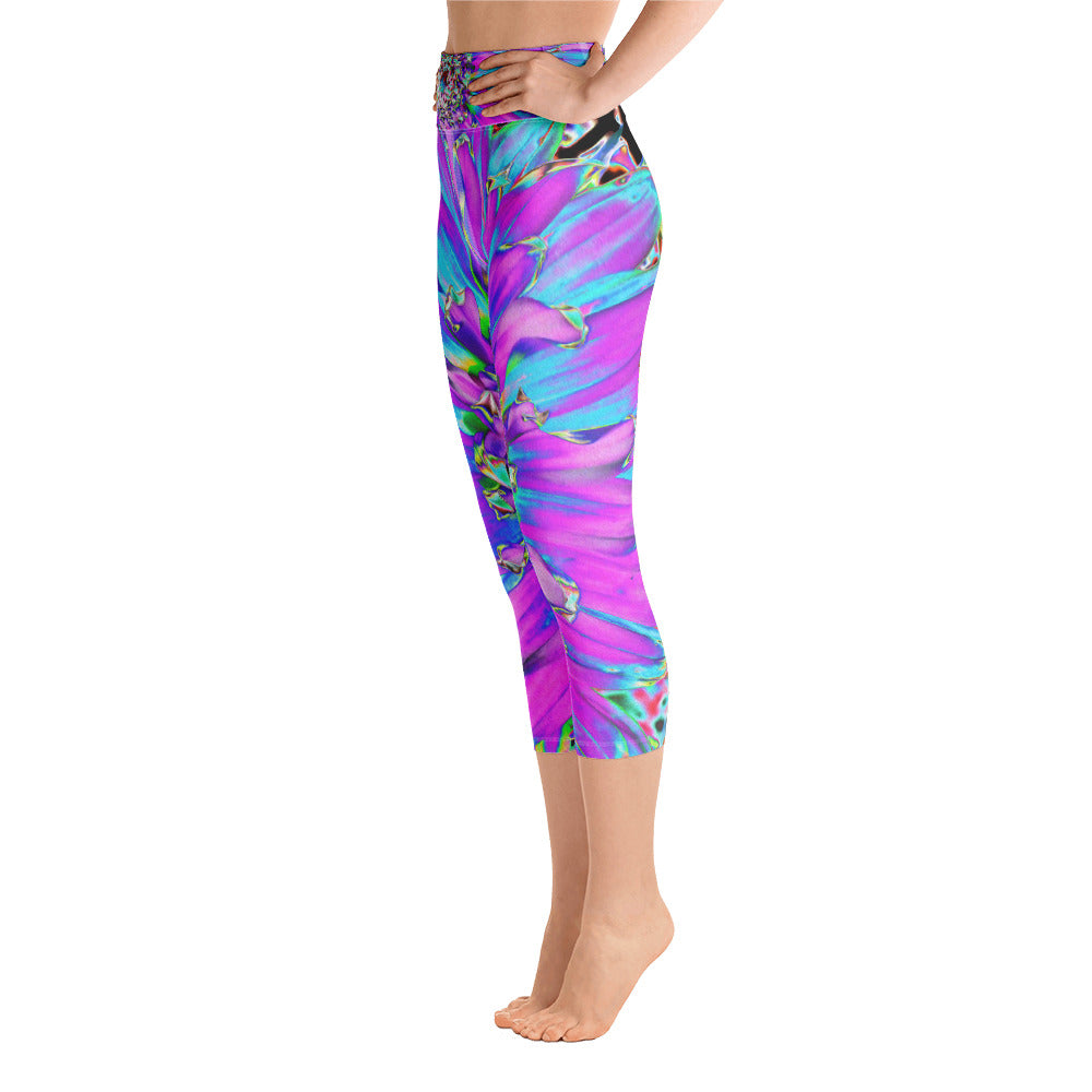 Capri Yoga Leggings for Women, Trippy Abstract Aqua, Lime Green and Purple Dahlia