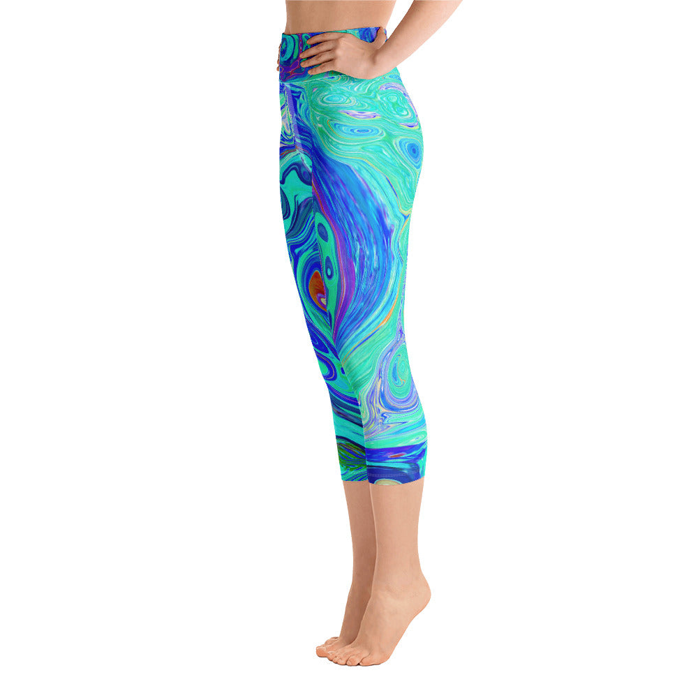 Capri Yoga Leggings for Women, Groovy Abstract Ocean Blue and Green Liquid Swirl