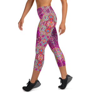 Capri Yoga Leggings, Abstract Magenta, Pink, Blue and Red Groovy Pattern