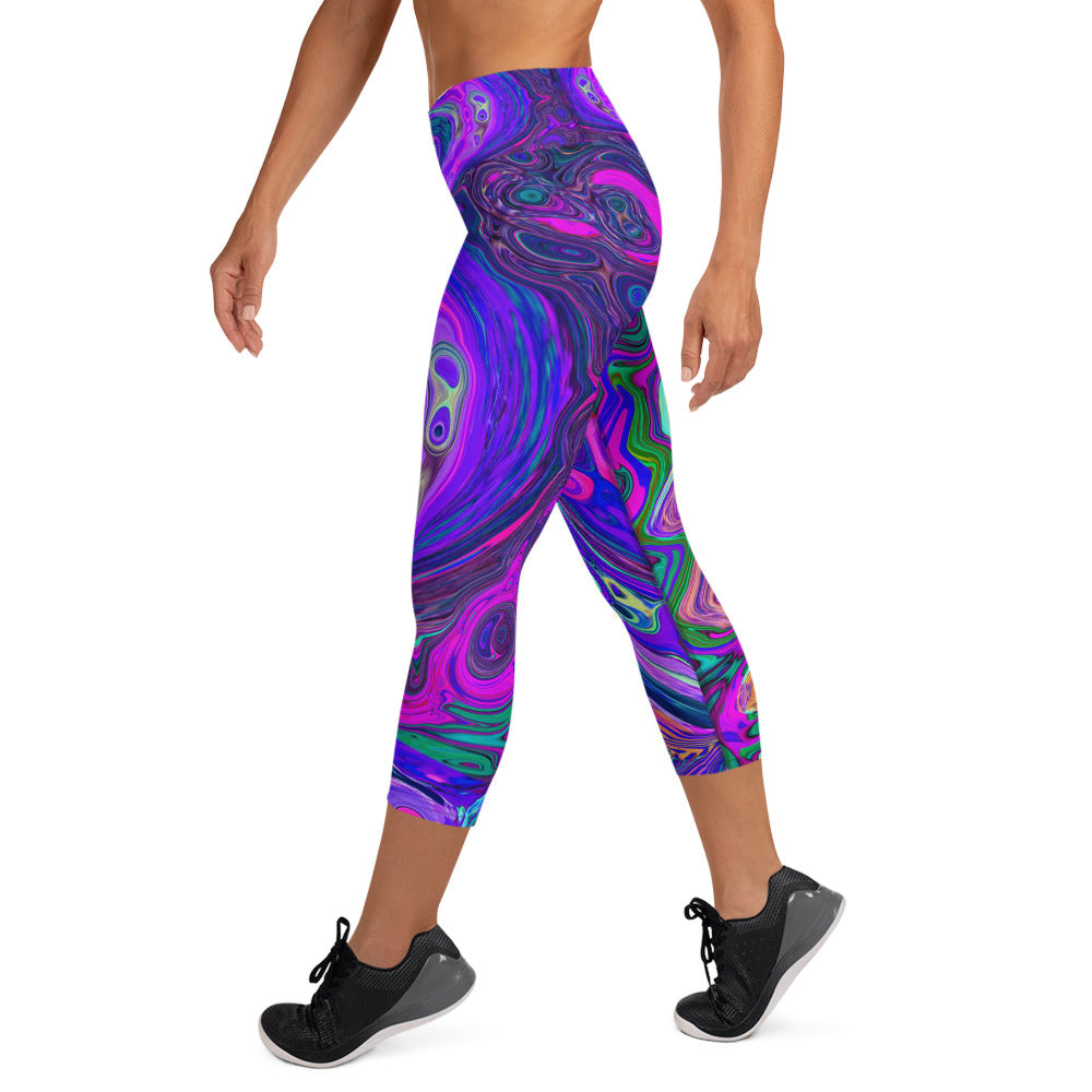 Capri Yoga Leggings for Women, Groovy Abstract Retro Magenta and Purple Swirl