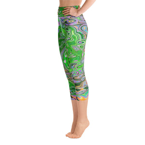 Capri Yoga Leggings for Women, Trippy Lime Green and Pink Abstract Retro Swirl