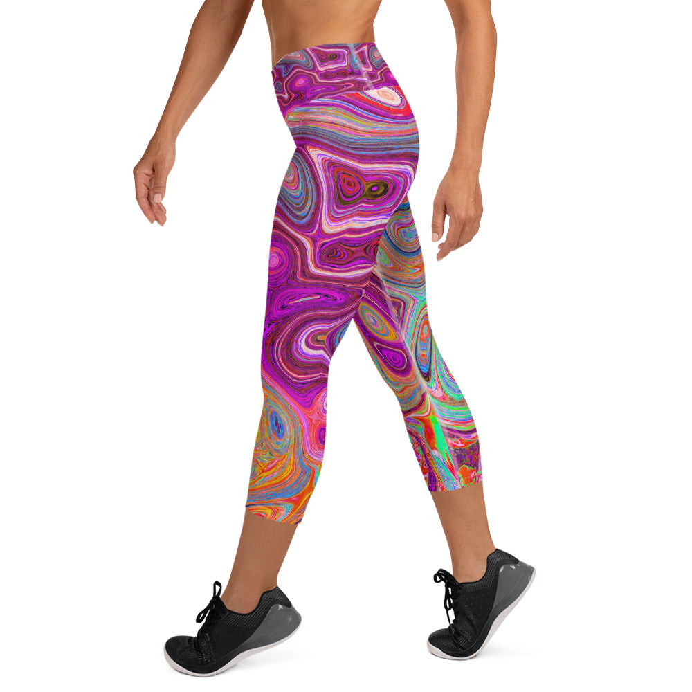 Capri Yoga Leggings for Women, Trippy Abstract Cool Magenta Rainbow Colors Retro Art