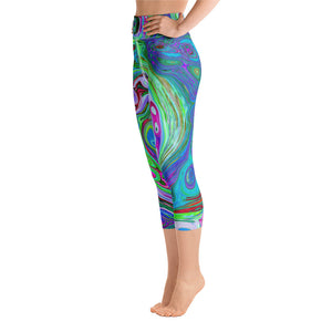 Capri Yoga Leggings for Women, Retro Green, Red and Magenta Abstract Groovy Swirl
