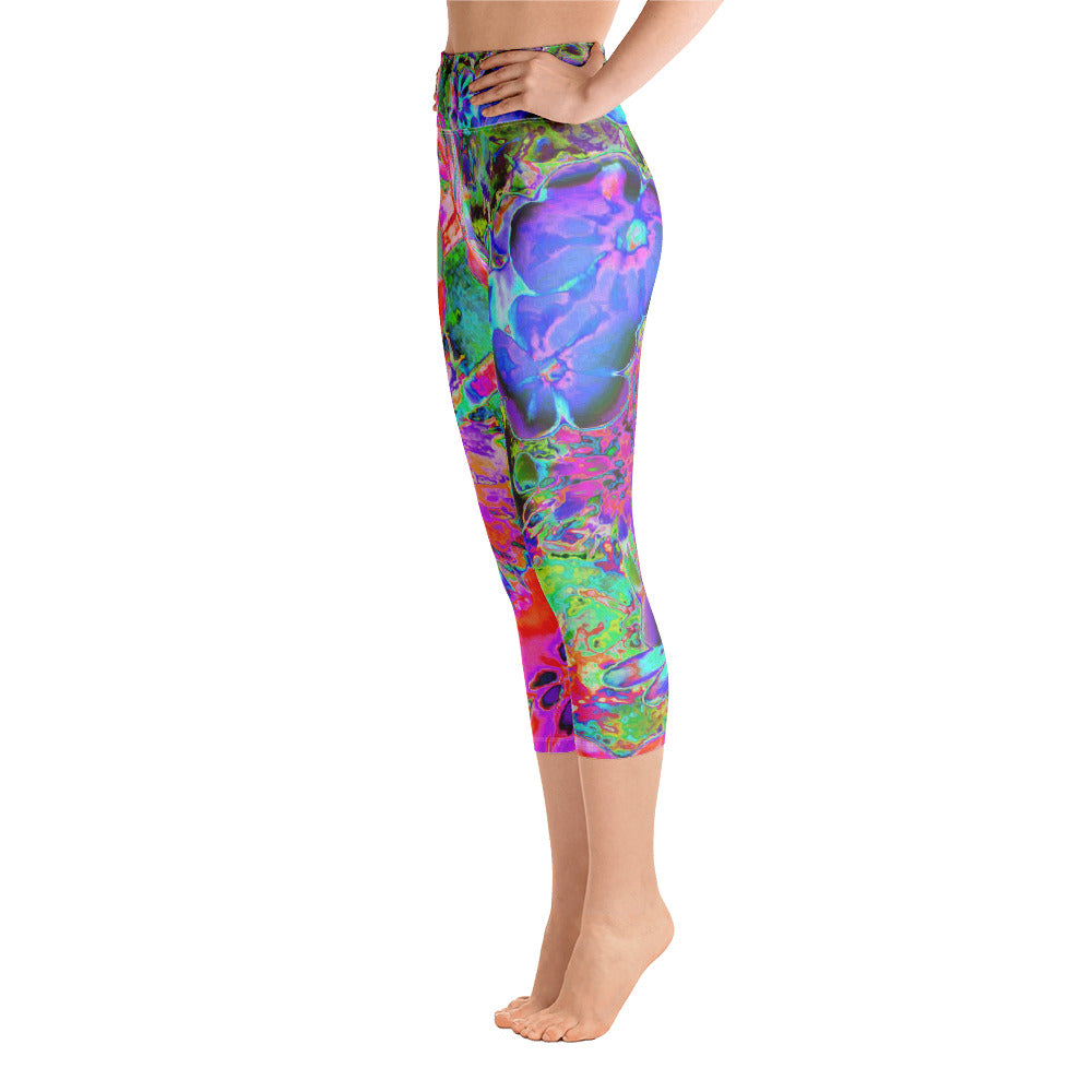 Capri Yoga Leggings for Women, Trippy Psychedelic Hot Pink and Purple Flowers