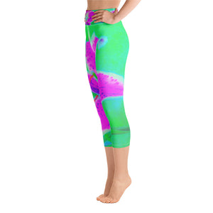 Capri Yoga Leggings for Women, Hot Pink Stargazer Lily on Turquoise and Green