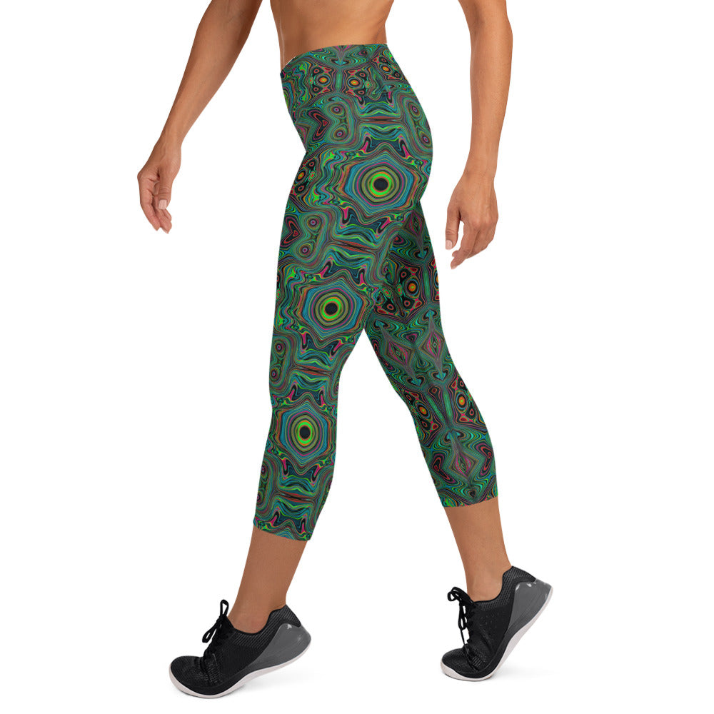 Capri Yoga Leggings - Trippy Retro Black and Lime Green Abstract Pattern
